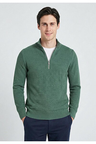 Felix Hardy Men's Goose Feet Patterned Knitwear Half-Zip Sweater - Green