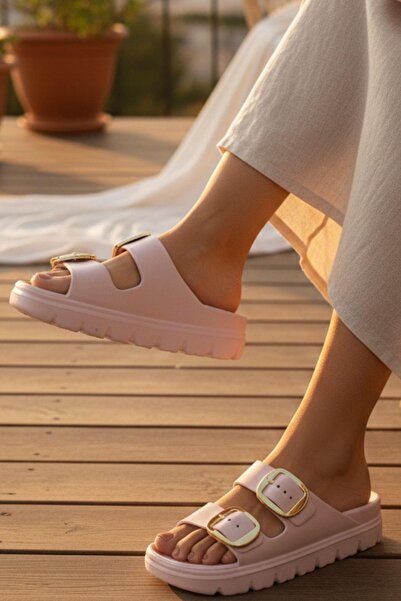 Oksit Lovi Z022 Gold Buckle Detailed Platform Sole Anatomical Women's Slippers