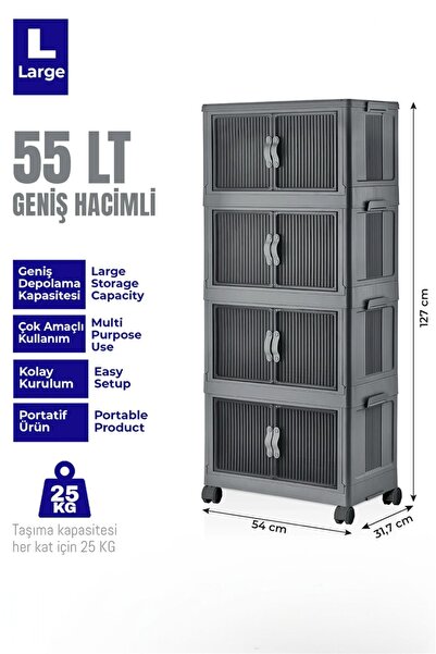 Bayev Antrasit 4'lü Portatif Katlanabilir Dolap 3003 - Tekerlekli Dolap Çok A...