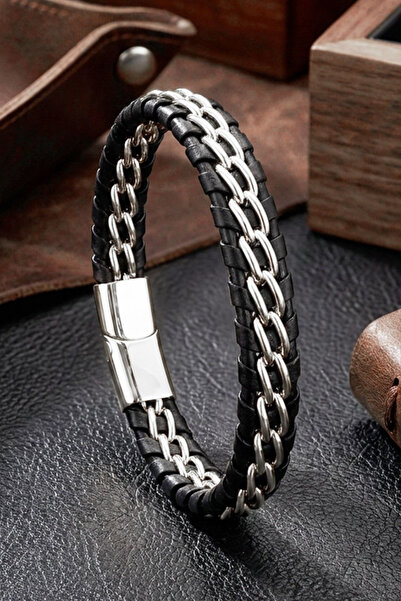 OSMANLI GÜMÜŞ Erkek Çelik Deri Bileklik Çift Sıra Çelik Burgu Detaylı Siyah Ö...