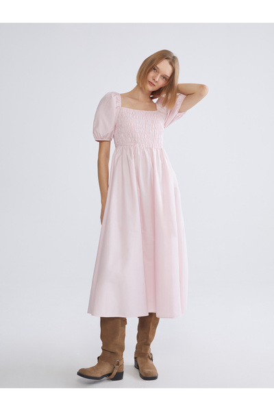 LC Waikiki فستان بوبلين بياقة مربعة وأكمام بالونية