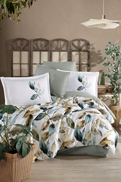 Clasy Sopron Beige Double 100% Digital Cotton Satin Duvet Cover Set
