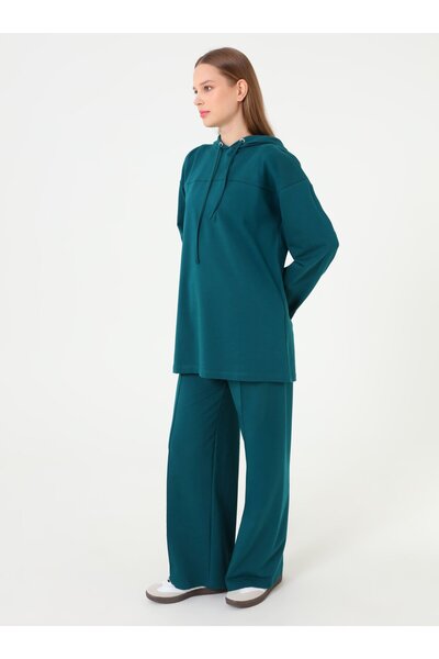 Benin Hooded Tracksuit Set with Stitching Detail - Dark Emerald -