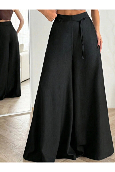 Lusin Women's Black Lace-Up High Waist Relaxed Fit Wide Leg Sofia Linen Trousers