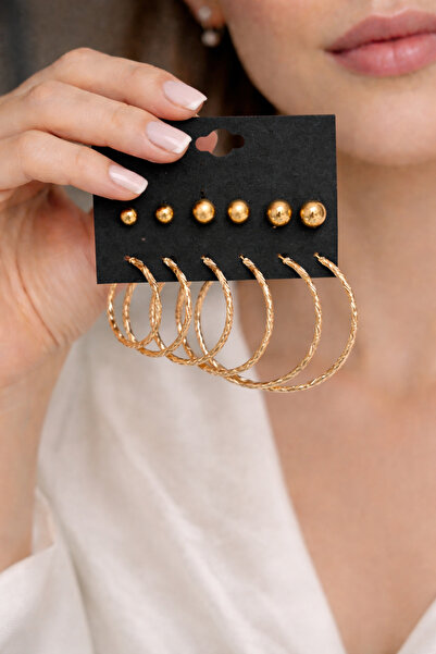 COCOSH TAKI Gold-tone patterned metal 6-piece multi-ring earring set.