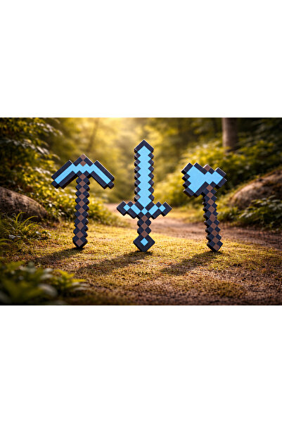 PrintaBox Minecraft Elmas Kazma Kılıç Balta Seti – Pixel Oyun Temalı Dekorati...