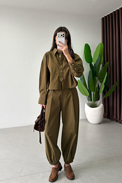 My Blog Olive Poplin Crop Shirt Pants Set - 51227