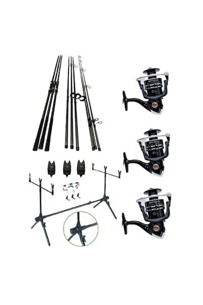 eastshark Set 3 Lansete Carbon 3.60 metri, 3 Segm, 3 Mulinete Tambur 6000, Ro...