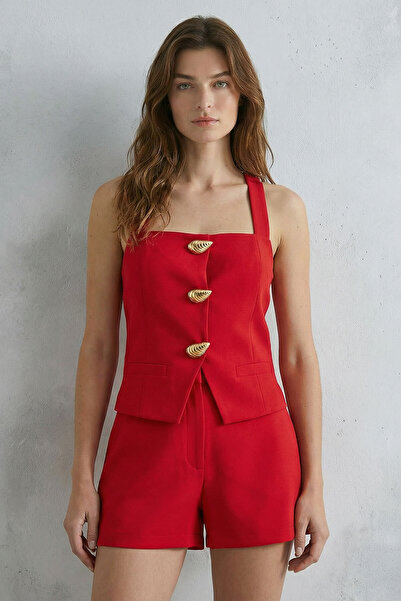 Purpleclo Дамски комплект от две части: червена жилетка с златни копчета и къ...