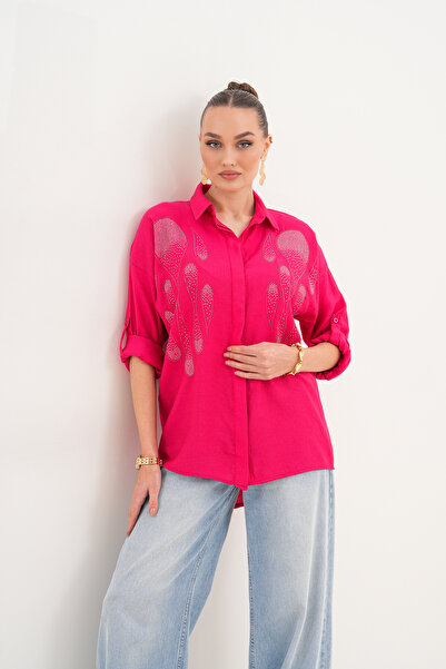 ZENA BY ÇETİN LEVENT Oversize Loose Cut Women's Shirt with Drop Stone Detail