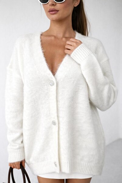 Ded COLLECTION Women's Shaded Fabric Stone Button Detailed V-Neck Knitwear Ca...