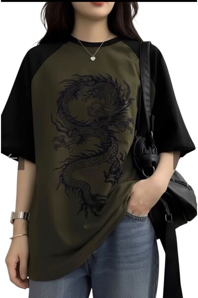 harmony factory Green Raglan Chinese Mythology Dragon Printed Y2K Unisex T-Shirt