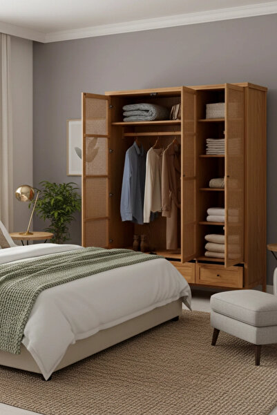 ŞafakMobilya Altea Rattan Detaylı Geniş Masif Gardrop