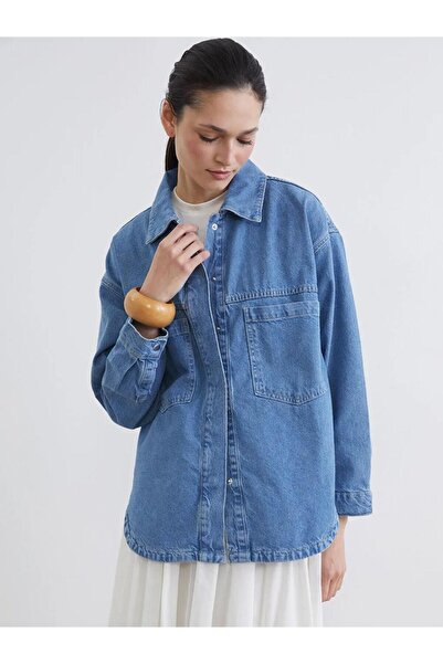 LC Waikiki artı-store Γυναικείο τζιν μπουφάν με πουκαμισέλινο γιακά, μακρυμάν...