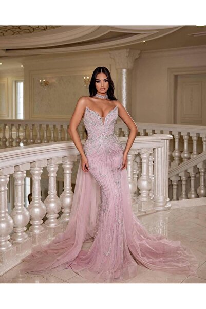 aşkın göksu Pudra V Yaka Komple Taş Boncuk İşlemeli Boyundan Bağlı Pelerinli ...