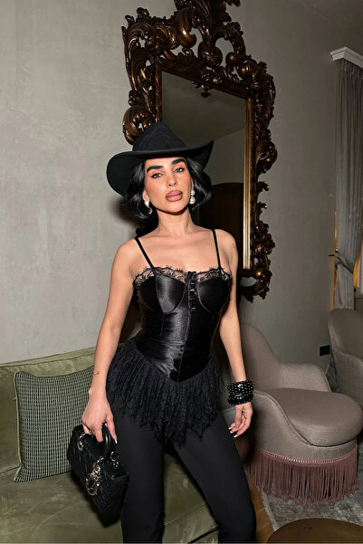 VİSKALİ Kadın Dantel Detaylı Korse Görünümlü Premium Siyah Crop Top