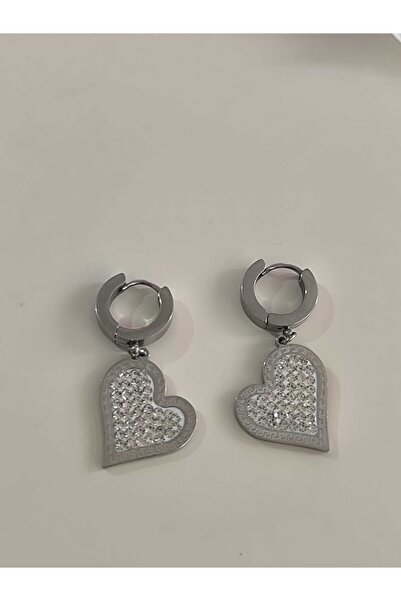 mixify Stainless Steel Dangle Earrings with Stone Heart Figure – Silver Color