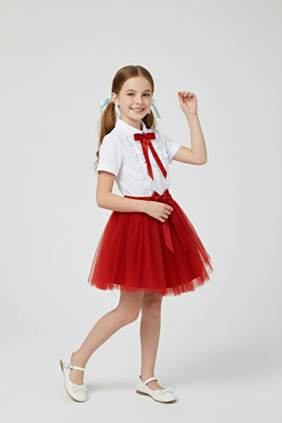 nacar çarşı Kız Çocuk Kırmızı Fiyonklu Fırfırlı Gömlek Kırmızı Tütü Etek Takı...