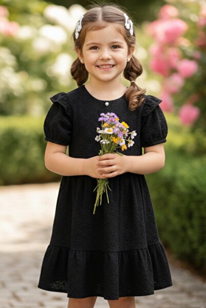 My Kids Wear فستان صيفي للبنات من قماش الفستو الأسود بأزرار 12529