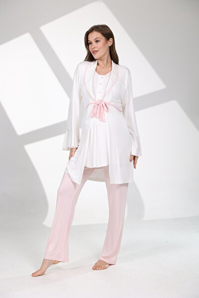 Rimel Homewear طقم بيجامة قطنية للحوامل وطقم روب - وردي مع ياقة للرضاعة بتفاص...
