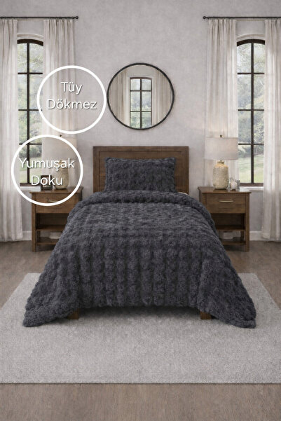 PEREN HOME Premium Tavşan Tüyü Peluş Tek Kişilik Yatak Örtüsü Seti Kalın Doku...