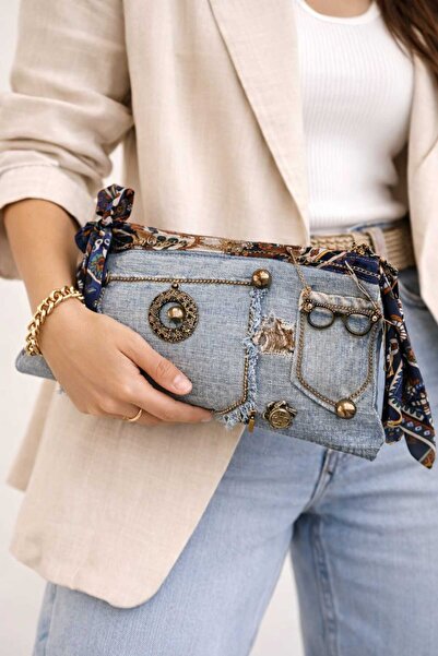 Bodrummix Fularlı clutch kot çanta