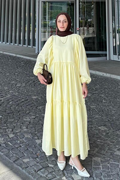 lamelif Balloon Sleeve Layered Summer Dress Yellow