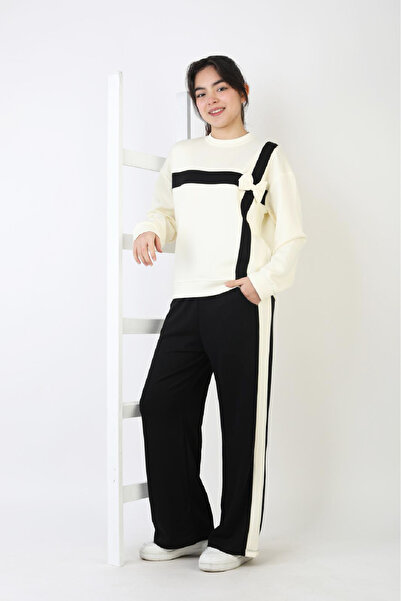 MODANINO Girl's Suit - Double Face Fabric - Bow Detail and Wide Legs 12508