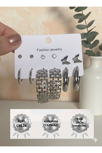 LUXENYA DESİGN 316L Stainless Steel Multiple Women's Earring Set Silver Color...
