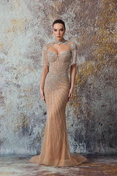 aşkın göksu Bej Taş Boncuk İşlemeli İthal Kadın Abiye