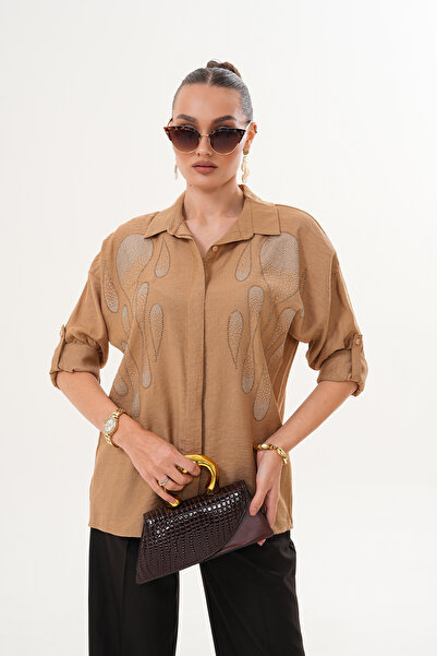 ZENA BY ÇETİN LEVENT Oversize Loose Cut Women's Shirt with Drop Stone Detail