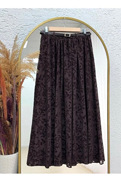 Moda Misali Kemerli Belden Lastikli Astarlı Flok Kloşe Tül Uzun Etek