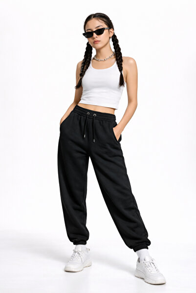 Vatkalimon Women's Black 3-Thread Fleece Oversize Sweatpants with Pockets