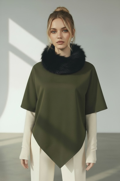 Pitti Kadın Haki Kürklü Panço 70057