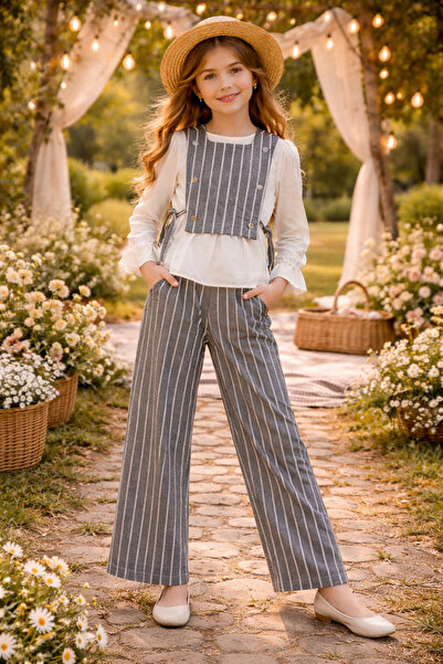 STYLENEST Kız Çocuk Gri Çizgili Salopet Pantolon & Ekru Bluz Takım
