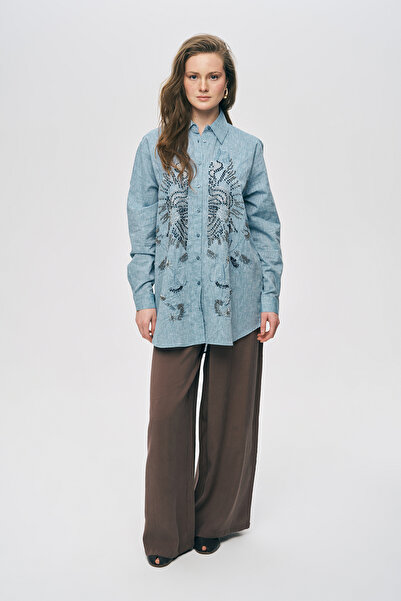 Orfeo Negro Women's Handcrafted Ethnic Embroidered and Beaded Oversize Shirt