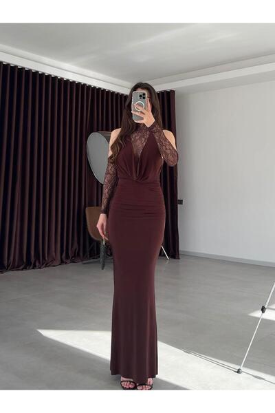 Balbe Fashion Degaje Yaka Dantel Detaylı Elbise- Kahve