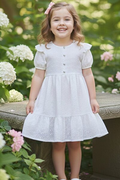My Kids Wear Rochie de vară cu nasturi din țesătură albă cu model feston pent...