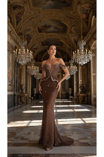 aşkın göksu Bakır Kayık Yak Düşük Kollu Taş Boncuk İşlemeli İthal Kadın Abiye