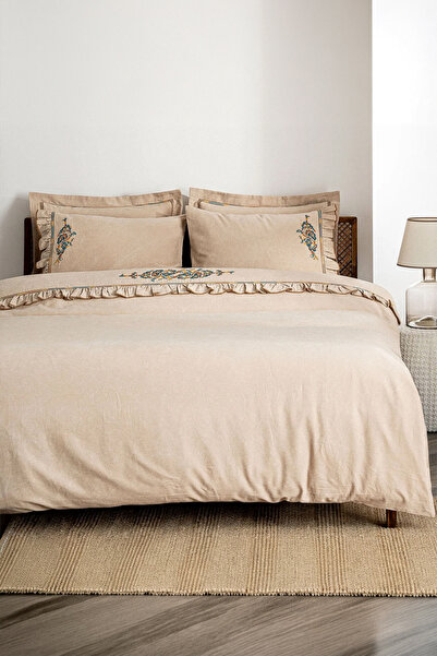 Ecocotton Revna Beige Double 100% Organic Cotton Satin Duvet Cover Set