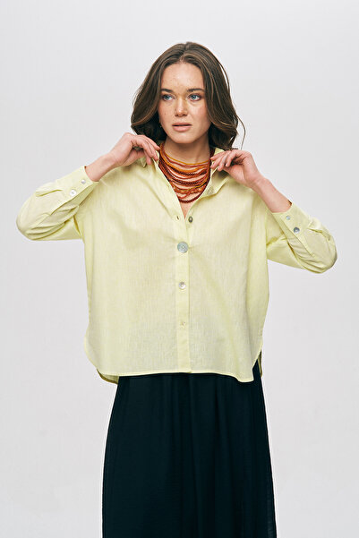 Orfeo Negro Women's Cotton-Linen Blend Buttoned Detailed Solid Color Shirt