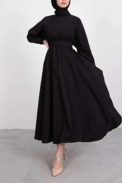 Tesettür Diyarı Women's Mevlana Tricoton Belted Flared Dress - Black