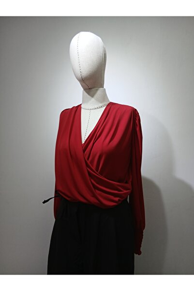 JANES kırmızı penye dökümlü büyük beden bluz