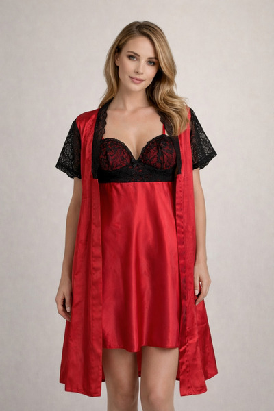 VIEN POLO Women's Satin Lace Double Nightgown Robe Set