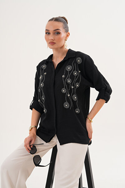 ZENA BY ÇETİN LEVENT Stone Pearl Detailed Loose Cut Women's Shirt