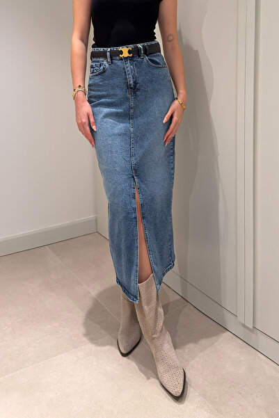 MAGARDE Belted Pencil Skirt with Front Slit - Blue