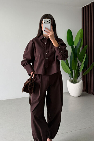 My Blog Brown Poplin Crop Shirt Pants Set - 51227