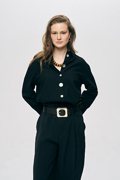 Orfeo Negro Women's Cotton-Linen Blend Buttoned Detailed Solid Color Shirt