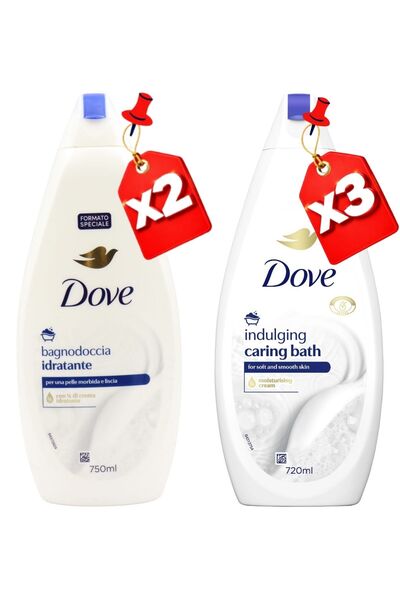 Dove SHOWER GEL 750ML Moisturizing X2 + 720ML INDULGING CARING BATH X3
