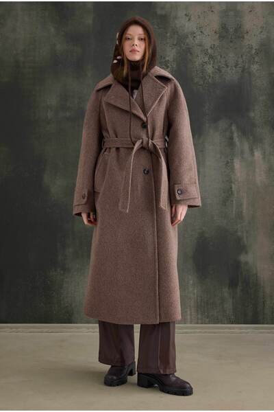 HEQA Kuşaklı Uzun Kaban Kahve